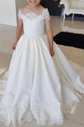 Precioso vestido largo de satén y encaje para niña de las flores, corte en A, con cuentas.