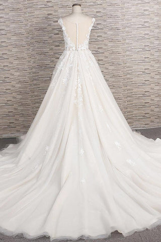 Precioso vestido de novia largo de corte A con apliques de tul y encaje, espalda descubierta