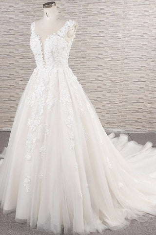 Precioso vestido de novia largo de corte A con apliques de tul y encaje, espalda descubierta