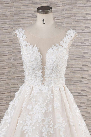 Precioso vestido de novia largo de corte A con apliques de tul y encaje, espalda descubierta