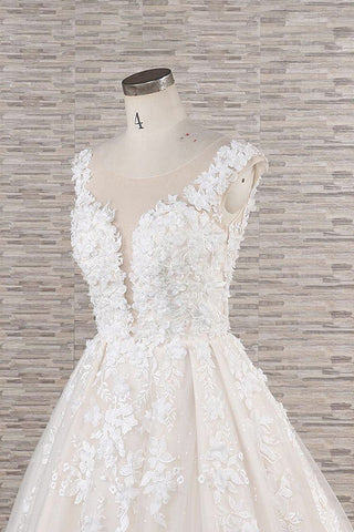 Precioso vestido de novia largo de corte A con apliques de tul y encaje, espalda descubierta