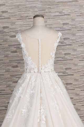 Precioso vestido de novia largo de corte A con apliques de tul y encaje, espalda descubierta