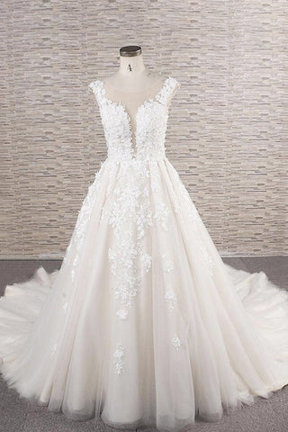 Precioso vestido de novia largo de corte A con apliques de tul y encaje, espalda descubierta