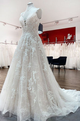 Hermosos vestidos de novia largos de corte A, tul, encaje, escote en V, espalda descubierta