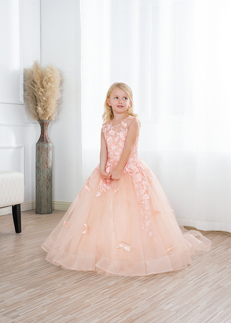 Precioso vestido largo de gala para niña de las flores con apliques de tul y encaje.