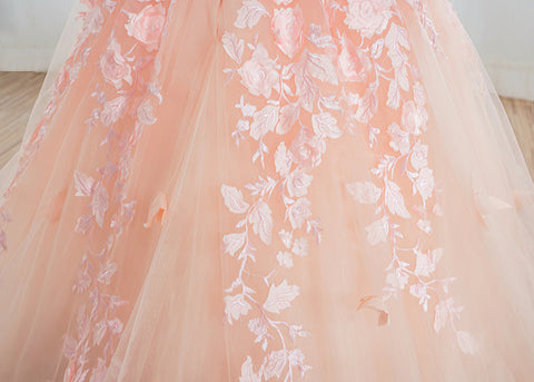 Precioso vestido largo de gala para niña de las flores con apliques de tul y encaje.