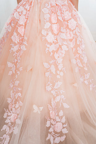 Precioso vestido largo de gala para niña de las flores con apliques de tul y encaje.