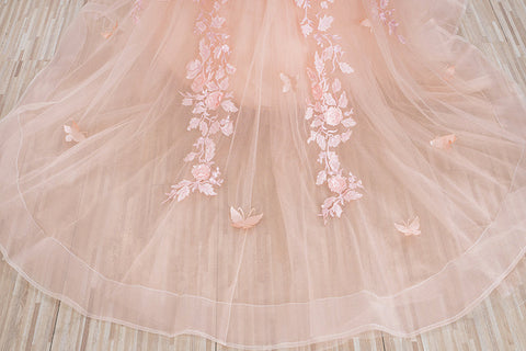 Precioso vestido largo de gala para niña de las flores con apliques de tul y encaje.