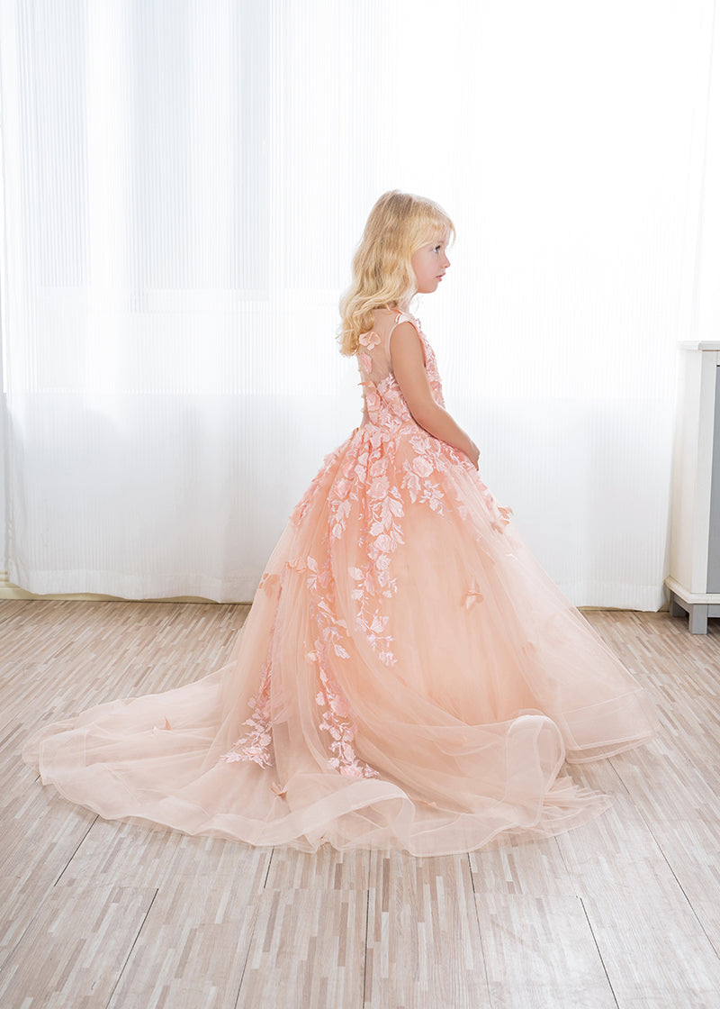 Precioso vestido largo de gala para niña de las flores con apliques de tul y encaje.