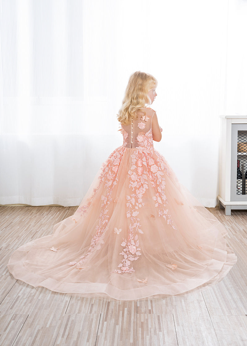 Precioso vestido largo de gala para niña de las flores con apliques de tul y encaje.