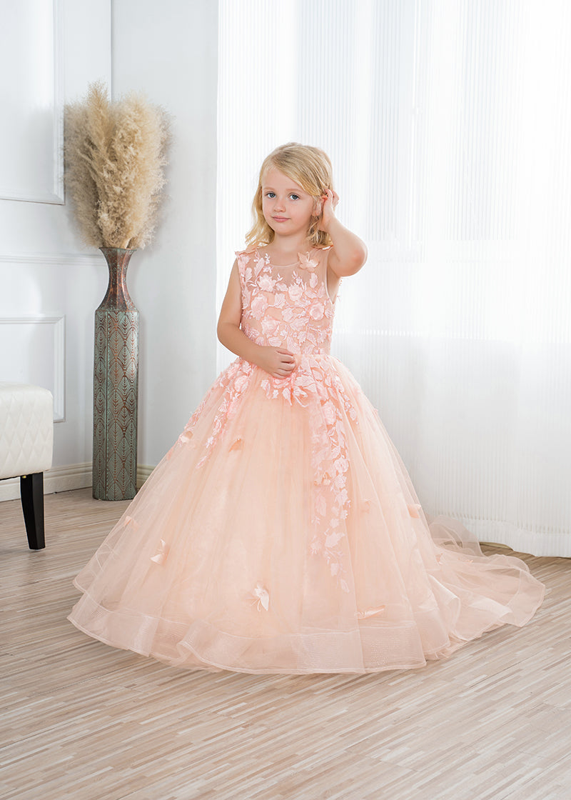 Precioso vestido largo de gala para niña de las flores con apliques de tul y encaje.