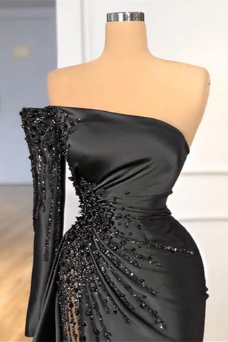 Beautiful Long Black Off-the-shoulder Beading Prom Dress With Long Sleeve