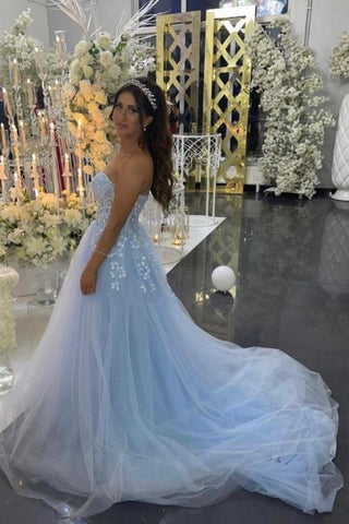 Beautiful Long Blue A-line Appliques Sleeveless Evening Dresses With Lace