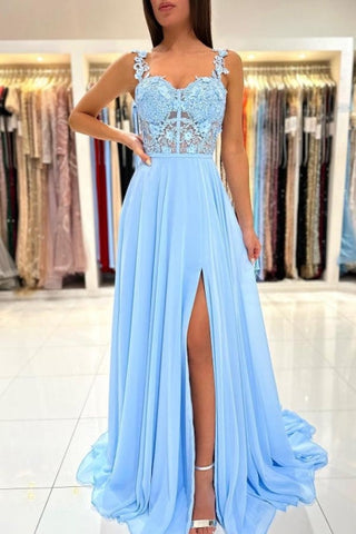 Beautiful Long Blue Simple Straps Appliques Sleeveless Evening Dresses With Slit