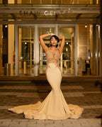 Beautiful Long Champagne Mermaid Sleeveless Beading Prom Dress With Lace