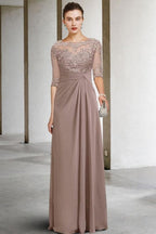 Precioso vestido largo verde de corte A, de encaje y gasa, para la madre de la novia, con mangas.