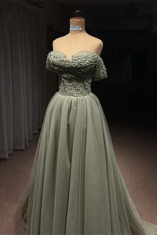 Beautiful Long Green A-line Off-the-shoulder Sequined Beading Prom Dress