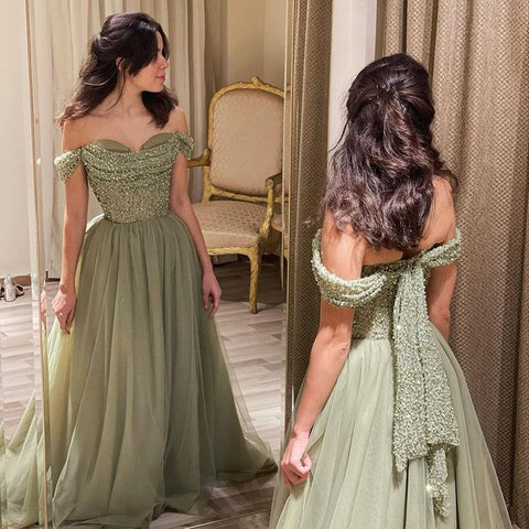 Beautiful Long Green A-line Off-the-shoulder Sequined Beading Prom Dress