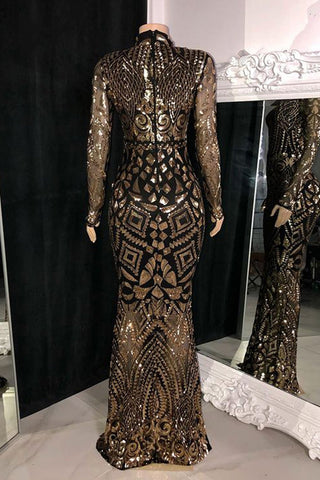 Beautiful Long Mermaid High Neck Lace Long Sleeves Prom Dress