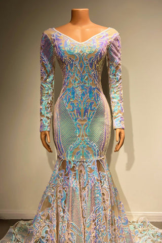 Beautiful Long Mermaid Lace Long Sleeves Evening Dress With Train