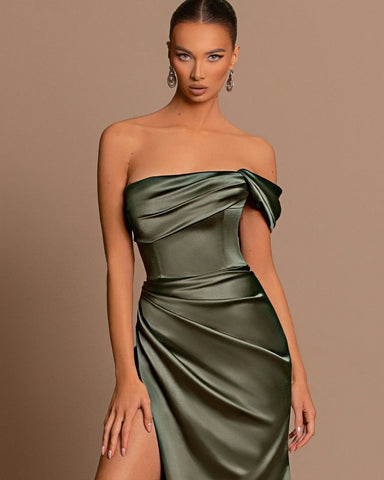 Beautiful Long Mermaid Off-the-shoulder Satin Prom Dress With Slit