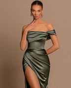 Beautiful Long Mermaid Off-the-shoulder Satin Prom Dress With Slit