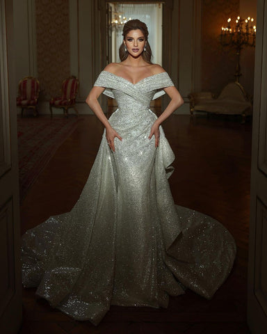 Magnifique robe de mariée sirène longue sans manches à sequins, épaules dénudées