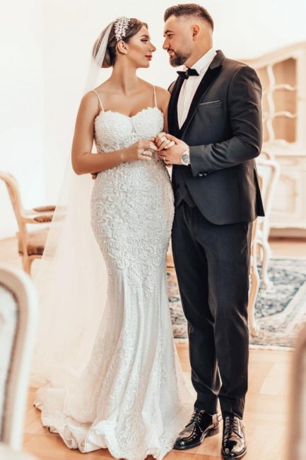 Magnifique robe de mariée sirène longue à fines bretelles en dentelle sans manches