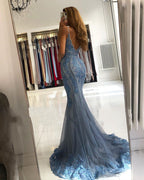 Beautiful Long Mermaid V-neck Appliques Lace Tulle Backless Prom Dress