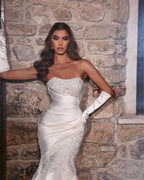 Magnifique robe de mariée longue sirène blanche en dentelle sans manches avec appliques