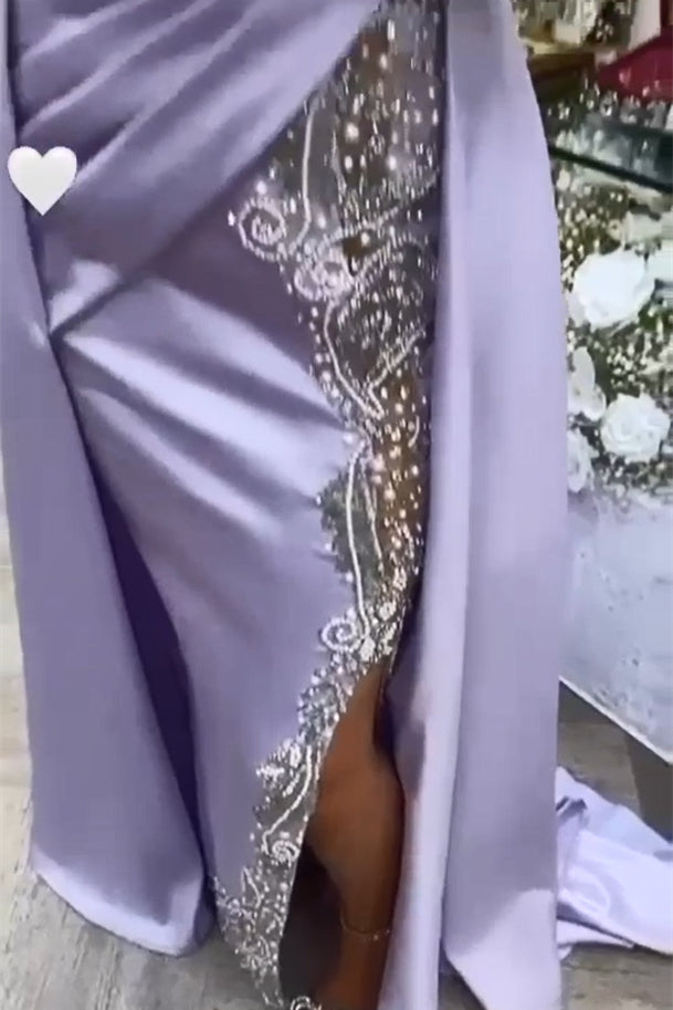 Beautiful Long Purple High Neck Lace Beading Satin Evening Dress With Slit