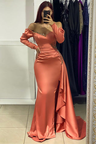Beautiful Long Satin V-neck Long Sleeves Prom Dress With Rhinestone