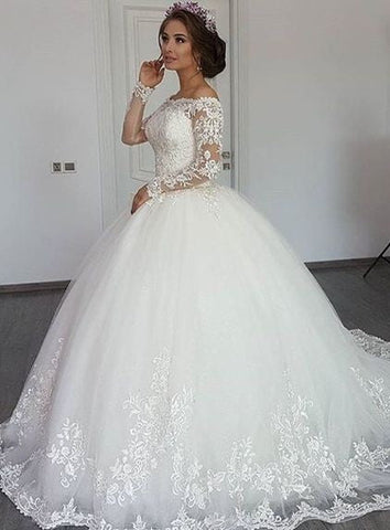 Precioso vestido de novia de princesa con apliques de encaje, manga larga y hombros descubiertos