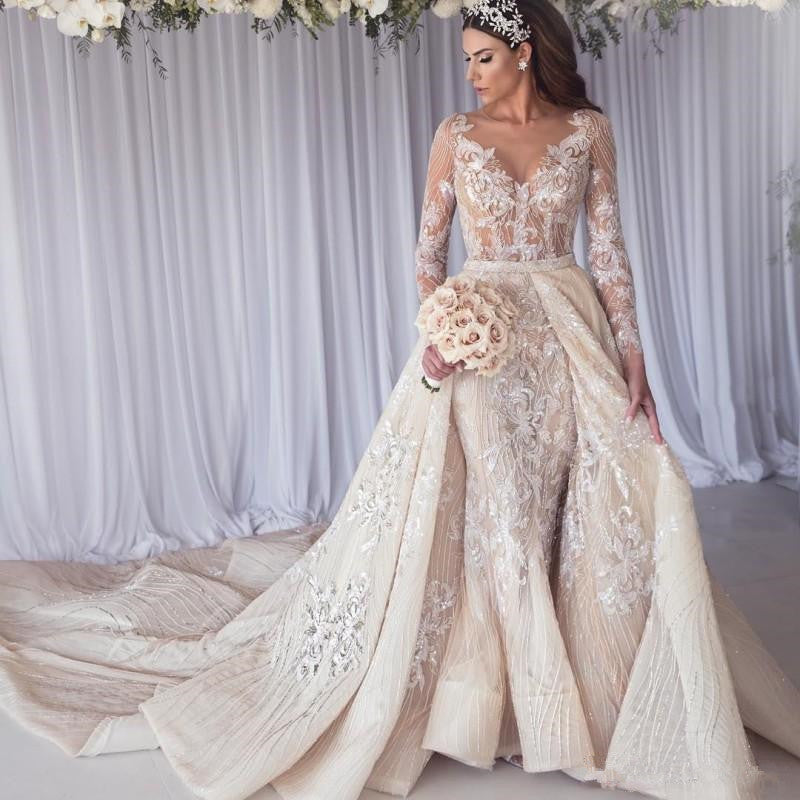 Beautiful Long Sleeves Lace Mermaid Overskirt Wedding Dress Bridal Wears