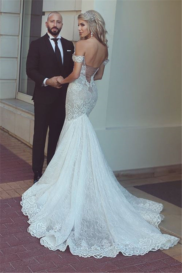 Robe de mariée sirène en dentelle à épaules dénudées - Vêtements de mariée