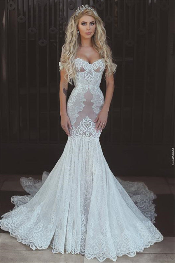 Robe de mariée sirène en dentelle à épaules dénudées - Vêtements de mariée