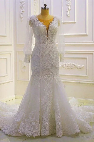 Precioso vestido de novia de sirena con mangas largas, apliques de encaje y cola