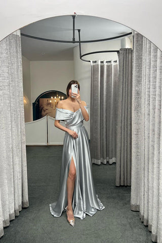 Magnifique robe de bal épaules dénudées avec fente et volants, robe de soirée trapèze