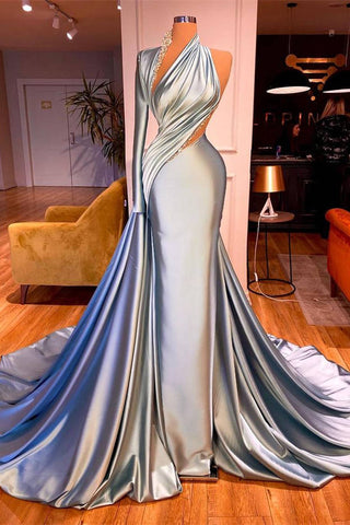 Magnifique robe de bal sirène asymétrique à manches longues et perles