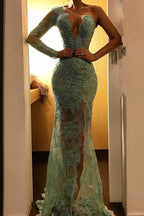 Beautiful One Shoulder Mermaid Evening Party Gowns Lace Long Prom Party Dress