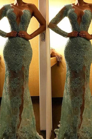 Beautiful One Shoulder Mermaid Evening Party Gowns Lace Long Prom Party Dress