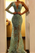 Beautiful One Shoulder Mermaid Evening Party Gowns Lace Long Prom Party Dress