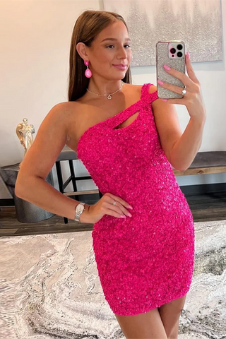 Beautiful One Shoulder Sequined Sleeveless Short Homecoming Dresses