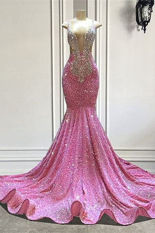 Precioso vestido de sirena rosa con lentejuelas, sin mangas, tirantes y pedrería hasta el suelo para baile de graduación.