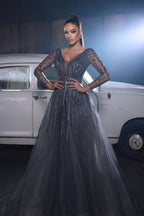 Beautiful Sequined V-neck A-line Sleeveless Prom Dress With Long Sleeves