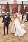 Magnifique robe de mariée blanche simple, coupe trapèze, avec fente latérale