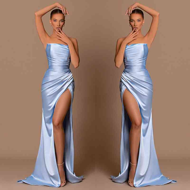 Beautiful Sky Blue Strapless Mermaid Prom Dresses Long Split