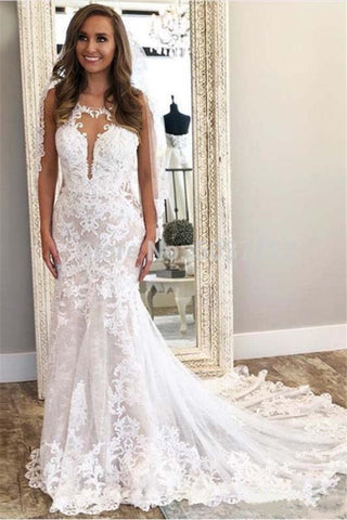 Precioso vestido de novia de encaje sin mangas, corte columna, en oferta