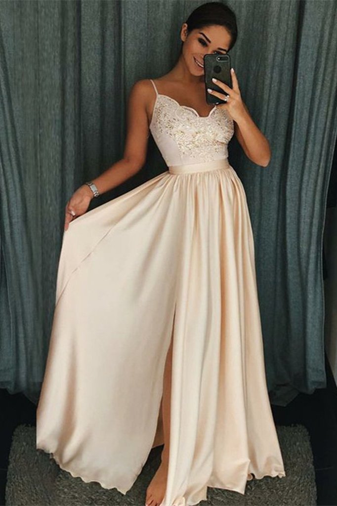 Beautiful Spaghetti-Straps Lace Appliques Prom Dress Long With Split