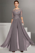 Precioso vestido de dos piezas para la madre de la novia, de gasa, con escote redondo y manga corta, ideal para damas de honor, con apliques.